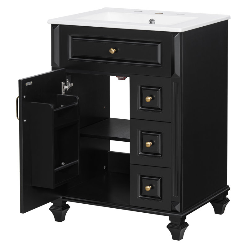 Meuble-lavabo de salle de bain avec lavabo, meuble-lavabo autoportant de 24 pouces avec tiroir rabattable, 3 tiroirs et armoire de rangement
