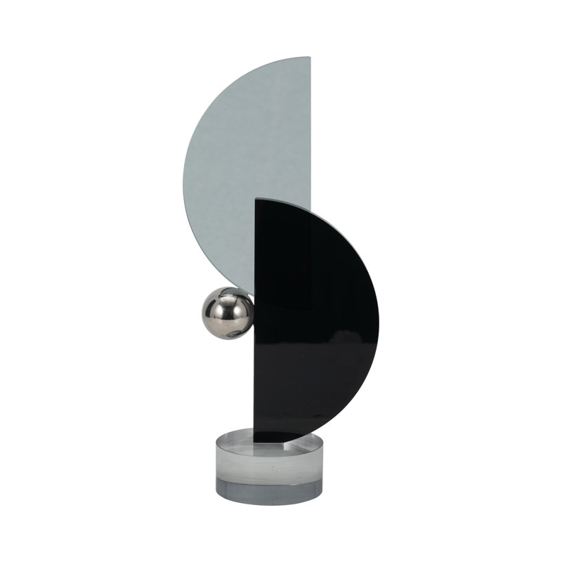 Élégant objet de décoration moderne en verre et cristal avec demi-cercles entrecroisés et sphère en métal sur base ronde