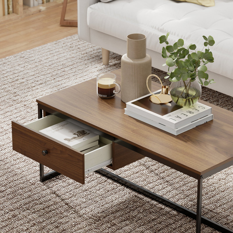 Maggie 43" Wide Coffee Table With Drawer For Living Room, Walnut
