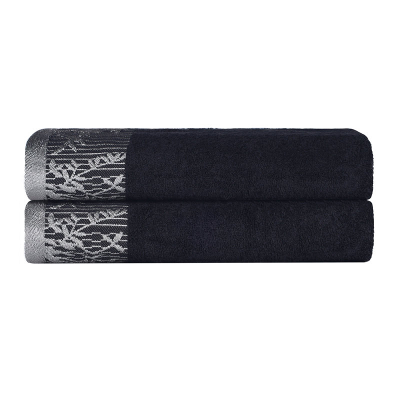 Ensemble de serviettes de bain en coton de poids moyen à bordure florale en jacquard pour la salle de bain Carinna, Noir