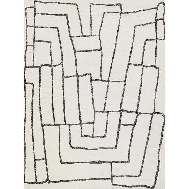 Tangiers Hand Tufted Wool Area Rug in Ivory/Black, Rectangle 9' x 12'