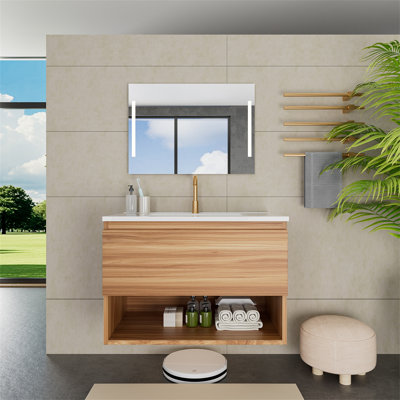 Meuble-lavabo flottant moderne en noyer de 30 po avec lavabo en céramique breveté de 1 minute, peu encombrant et à fermeture en douceur