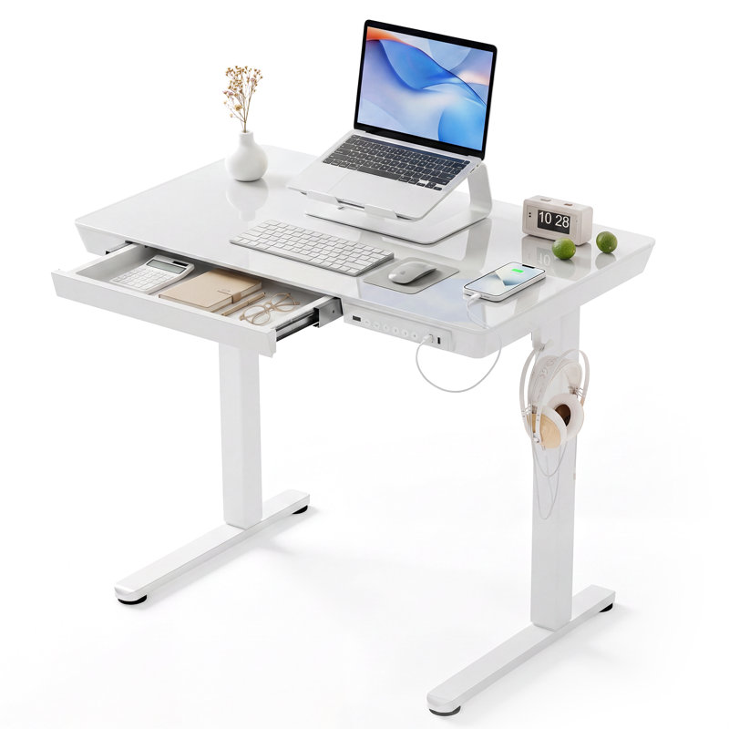 Bureau debout à hauteur ajustable en verre Seila, bureau d'ordinateur avec tiroir, port USB et port de type C, Blanc