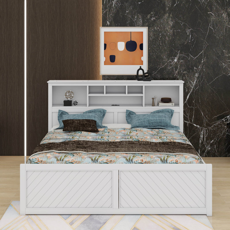 Lit plateforme très grand en bois avec tête de lit multi-rangement, USB et tiroirs, Blanc