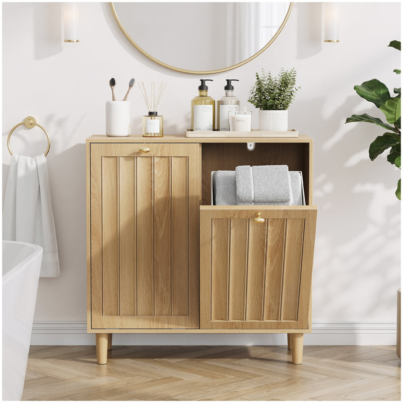Panier à linge incliné avec panier intérieur amovible, panier à linge dissimulé, armoire de rangement pour salle de bain, support de rangement autoportant, couleur chêne