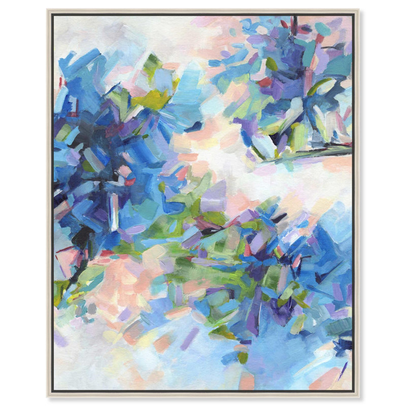 "Blue Botanicals", art floral occidental par , H 21 po x l 17 po, Encadrement argenté