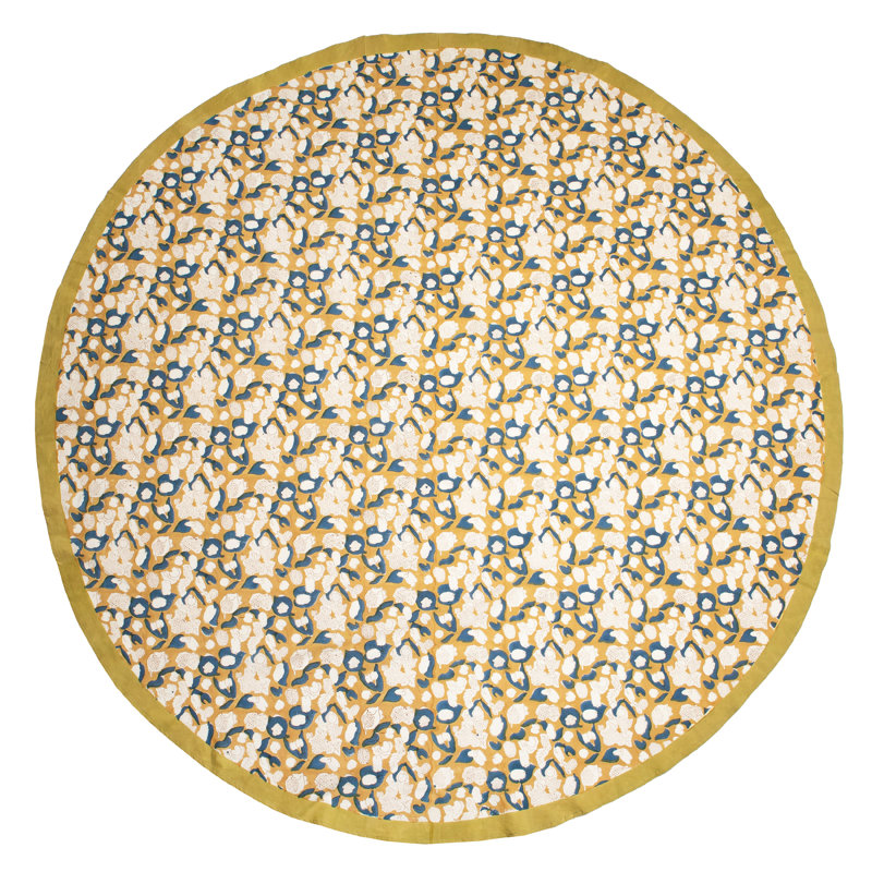 Forest Harvest Handmade Floral Tablecloth, Mustard/Blue, 90" x 90"
