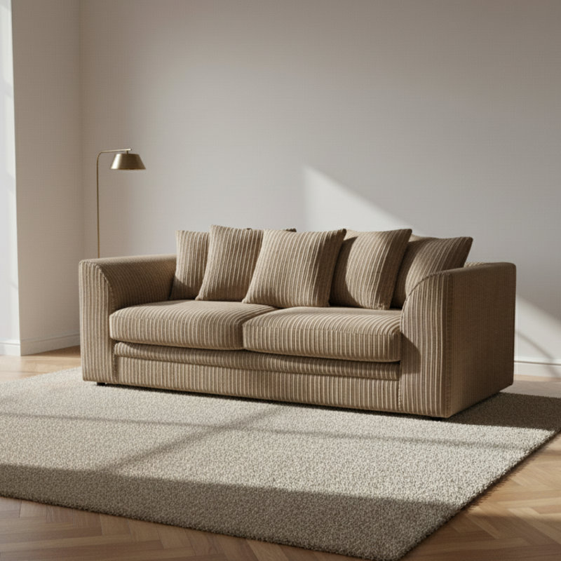 3 Seater Corduroy Sofa, Beige, 90cm H x 190cm W x 90cm D