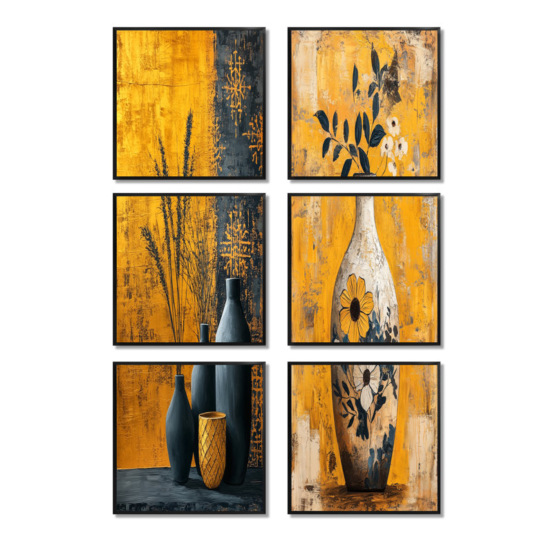 Art contemporain bohémien jaune - ensemble de 6 reproductions d'art sur toile, Impression encadrée sans passe-partout, Noir