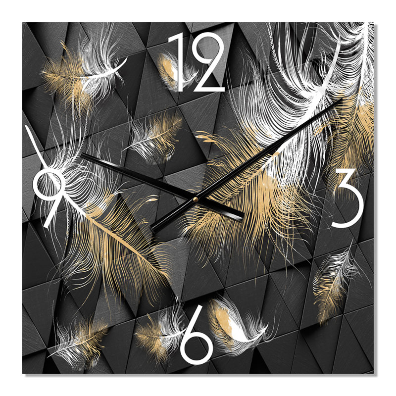 Horloge murale moderne plumes blanches et dorées sur fond triangulaire, Petit