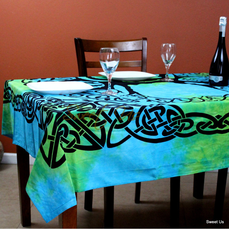 Tie-Dye Celtic Tree Of Life Tablecloth Square 72X72 Blue Green, Blue/Green