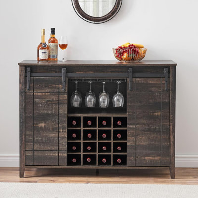 Farmhouse Wine Bar Cabinet,47" Coffee Bar Cabinet With Sliding Barn Door, Buffet Sideboard Cabinet With 16 Bottle Wine Rack For Dining, Living Room by August Grove