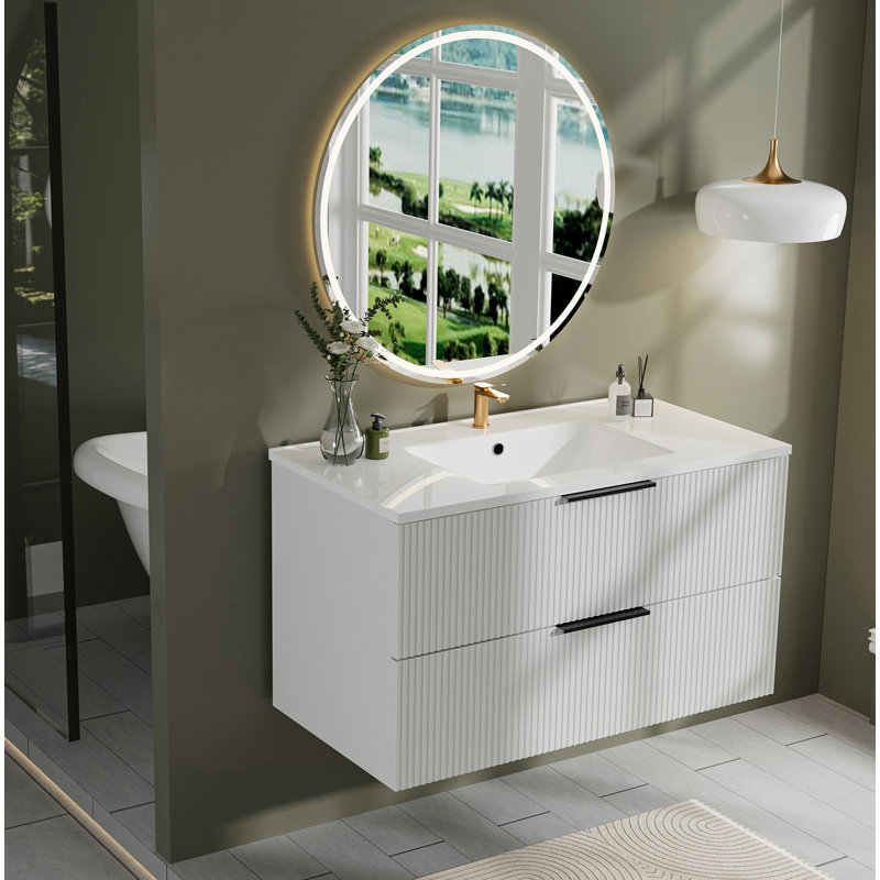 Meuble-lavabo 36 po avec lavabo en céramique - meuble-lavabo mural blanc, Blanc, 36"
