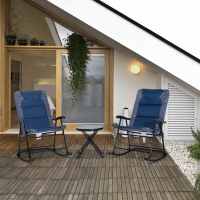 Outsunny 3 Piece Outdoor Patio Furniture Set With Glass Coffee Table & 2 Folding Padded Rocking Chairs, Bistro Style For Porch, Camping, Balcony, Navy Blue