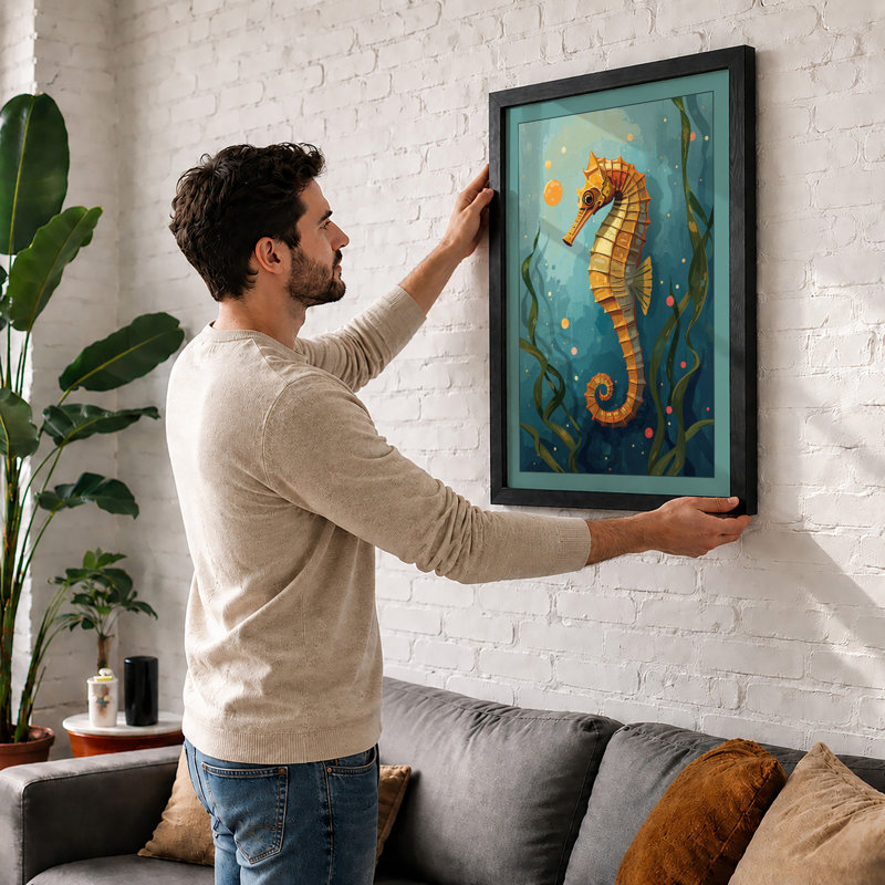 Striped Seahorse Coastal - Framed Print, Unframed, A3 - 42.0 x 29.7 cm