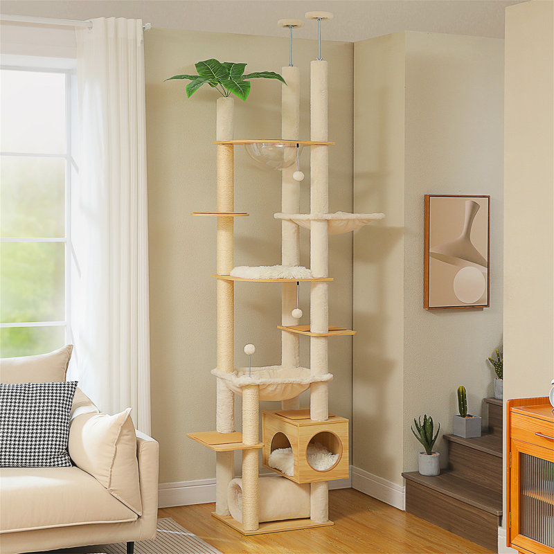 Floor To Ceiling Cat Tree 93.3’’-100.8’’ Height Adjustable Wooden Cat Tower Tall Climbing Play House With Scratching Posts, Cozy Condo, Perches And Large Hammock For Indoor Cats
