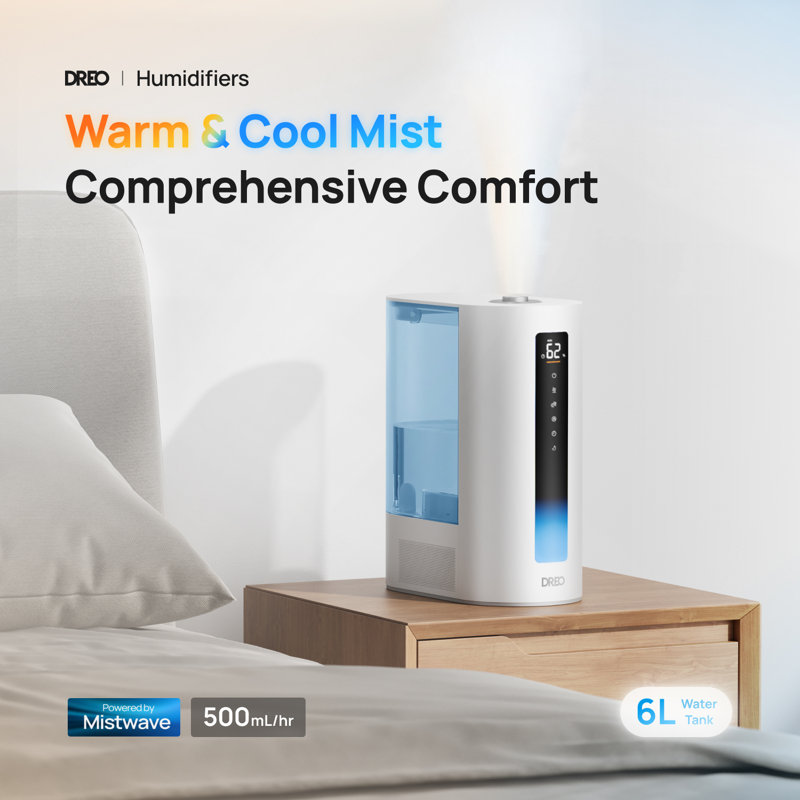 Humidificateur à brume froide et chaude avec filtre Dreo, humidificateur à remplissage de réservoir de 6 l, humidificateurs à ultrasons silencieux pour la chambre à coucher, voyant lumineux, routine de 60 heures, capteur d'humidité précis, plateau à double aromapad, bleu