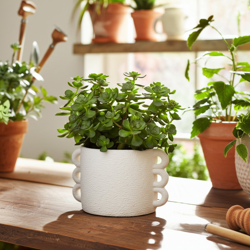 Pot de fleurs en poterie et ciment avec poignée unique à boucles multiples, Blanc, H 8 po x l 13 po x P 9 po