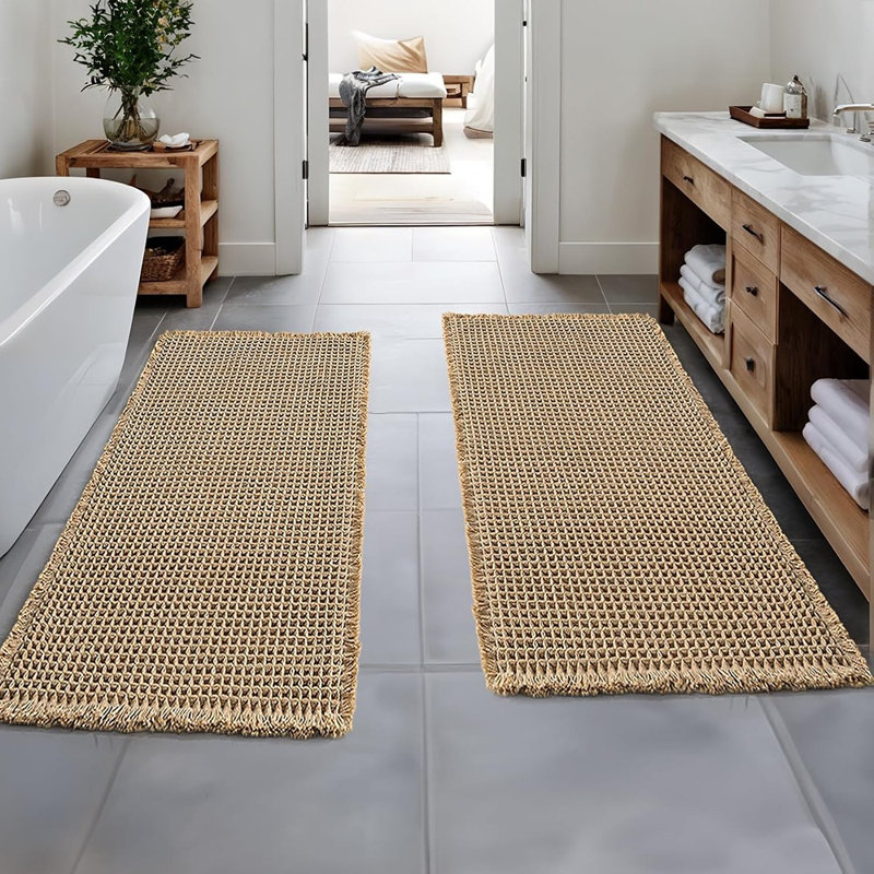 Brown Waffle Bathroom Runner Rugs, Soft Textured Floor Mats