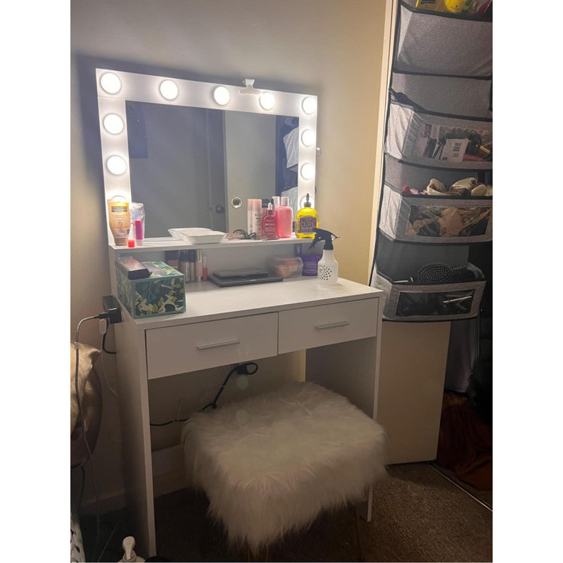 Ensemble de coiffeuse illuminée - coiffeuse à maquillage avec miroir, 3 modes d'éclairage et 2 rangements de rangement