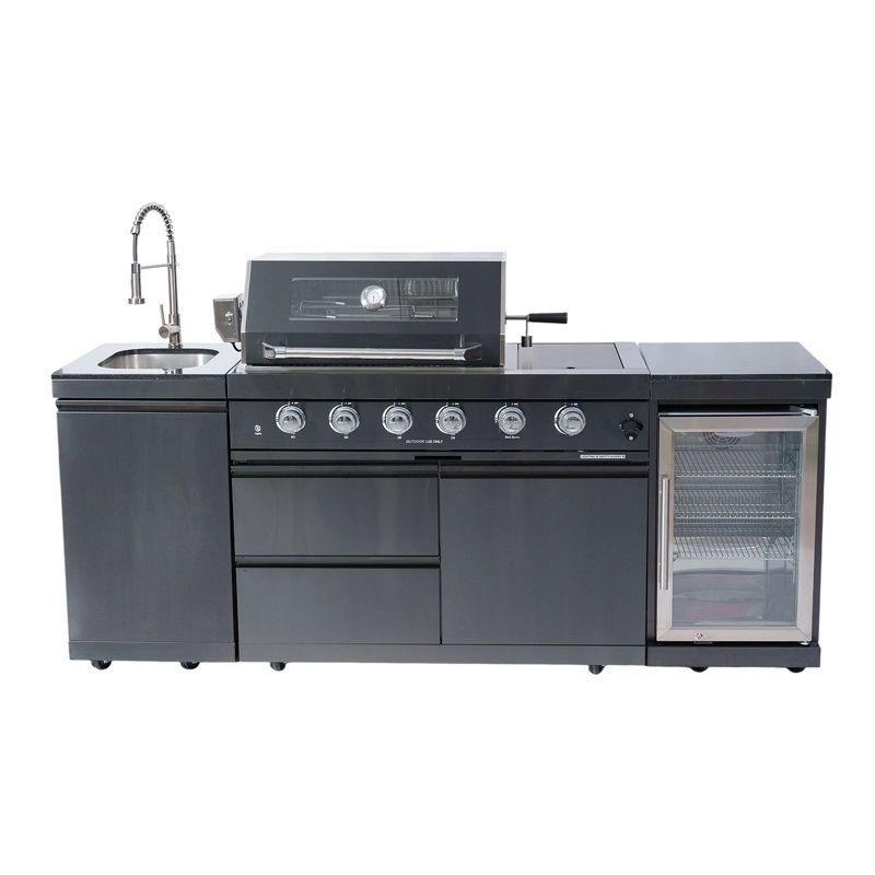 46-Inch 4-Burner 72000 BTU Deluxe Stainless Steel Gas Outdoor Kitchen Bar Barbecue Island Grill + Wine Cooler Compact Refrigerator + Rotisserie Kit + Granite Countertops + Stainless Steel Sink