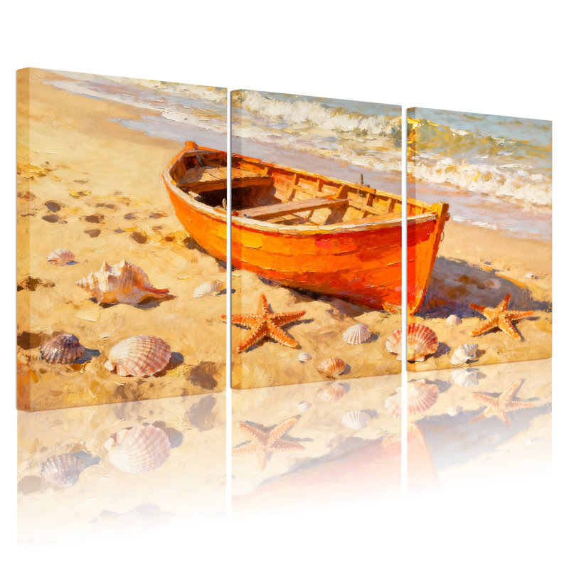 Nautique et plage, bateau, étoile de mer, coquillages, vagues de sable, soleil, océan, ensemble de 3 impressions sur toile