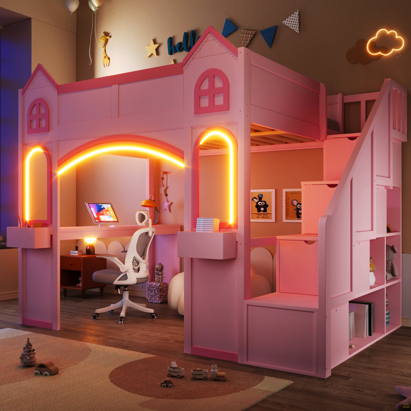 Lit mezzanine en bois pleine grandeur avec escalier de rangement, bureau, fenêtres, tablettes et lumière DEL, rose et rose clair