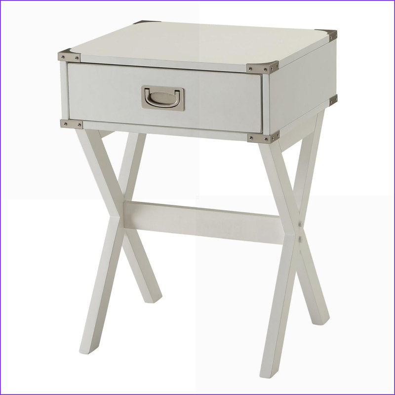 Table basse à 1 tiroir blanc rustique avec plateau en bois et coins en métal, polyvalente pour le salon / chevet, Blanc