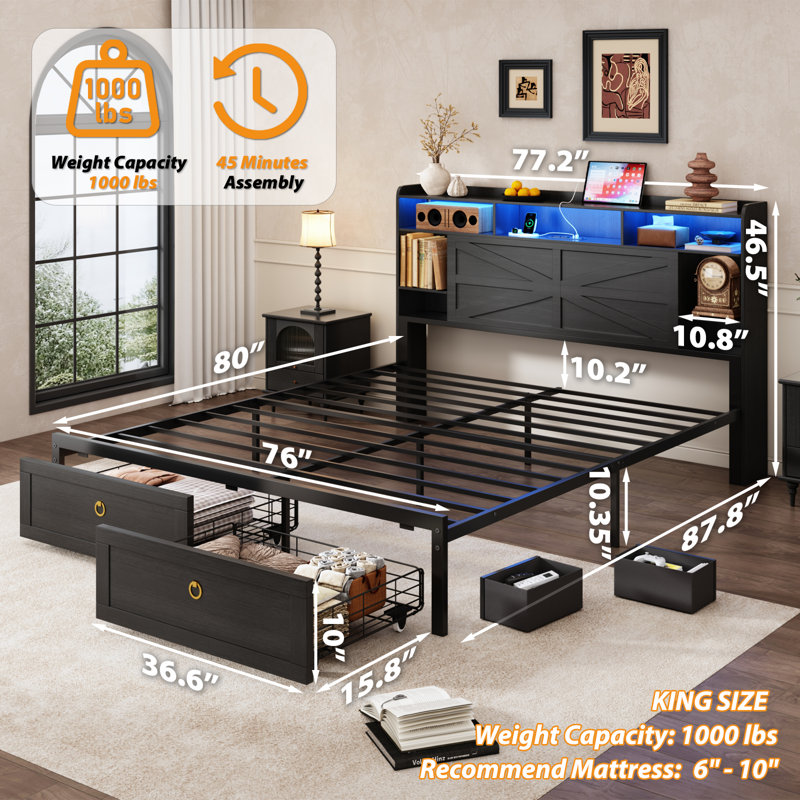 Farmhouse Industrial LED Bed Frame With Storage Headboard, Metal Platform Bed With USB Charging Station, APP & Remote Control RGB Lights，Metal Slats Support, Noise Free, No Box Spring Needed