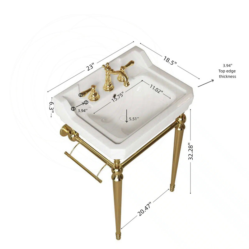 Lavabo de console mural en céramique 23 "avec pieds en acier inoxydable, Doré
