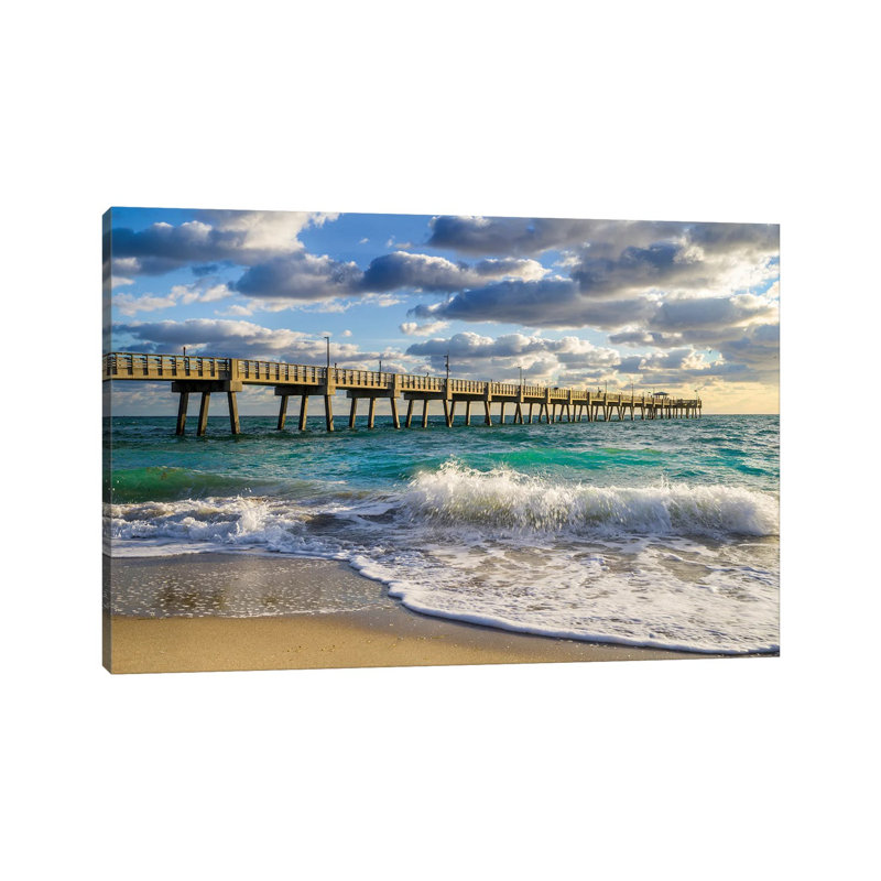 Florida Beach Pier,High Tide Waves,Miami,Florida by Susanne Kremer - Wrapped Canvas Gallery-Wrapped Canvas Giclée