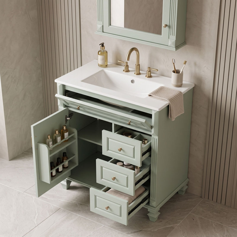Meuble-lavabo de salle de bain avec comptoir en céramique, 3 tiroirs de rangement, tablette réglable et supports de porte