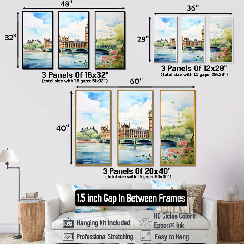 Big Ben London Skylines III - City London, art mural, Cadre flottant noir, H 28 po x l 36 po