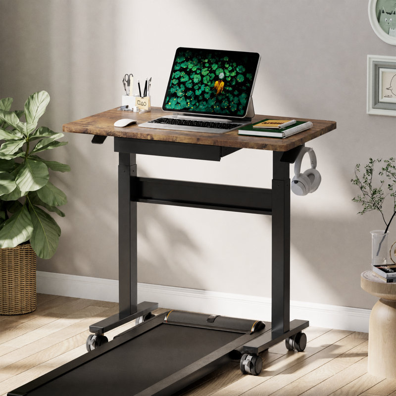 35''W×20''D Standing Desk with Drawer for Walking Pad, Adjustable Pneumatic Rolling Desk, Wireless Moveable Height-Adjustable Desk, Mobile Stand Up Table, Wheels Lockable, No Power Needed, for Home Office, Computer Workstation