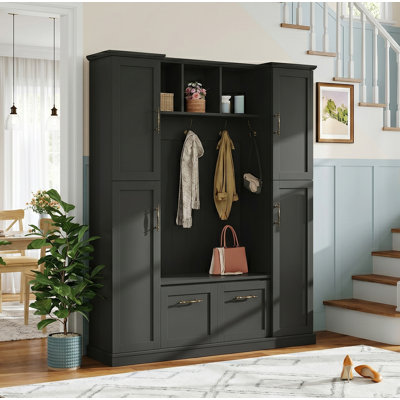 60" Wide Farmhouse Freestanding Hall Trees with Storage Shoe Bench and Hooks