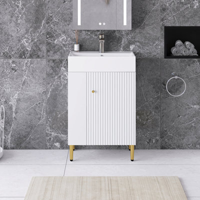 22 po Meuble-lavabo autoportant blanc avec plateau en céramique blanche non assemblé
