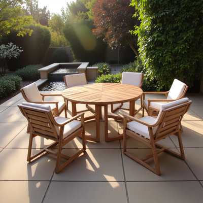 Ensemble de table de salle à manger de patio pour 6 personnes, table de salle à manger ronde avec trou de parasol 1,96 po, ensemble de meubles de patio en bois d'extérieur avec coussins amovibles pour le jardin, la cour et les piscines (teck clair + coussin beige)