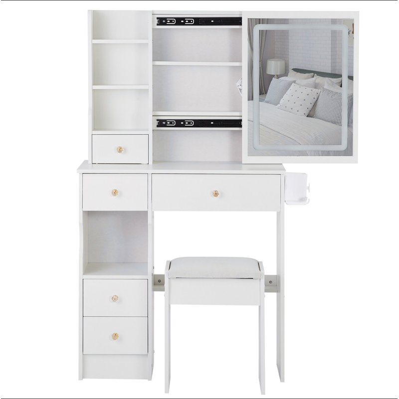 29.2" Small Size Left Drawer Desktop Vanity Table + Cushioned Stool, 2 AC+2 USB Power Station, Hair Dryer Bracket, Extra Large Touch Control Sliding LED Mirror, Tri-Color Switching, Brightness Adjust