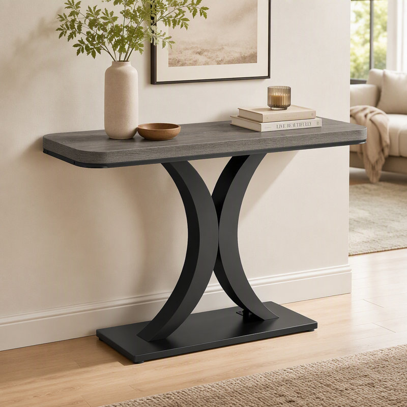Console 40 po, table de vestibule étroite avec base géométrique, Gray / Black, Gray, Black