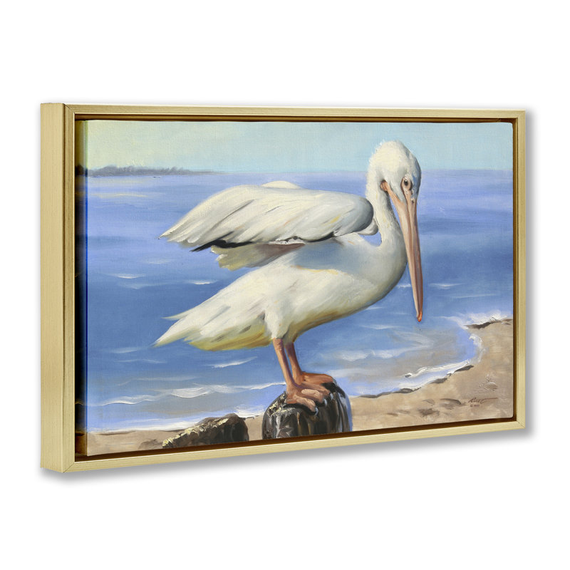 «Beach Scene Pelican Brown», toile flottante encadrée par D. Rust, Cadre flottant métallique doré, H 17 po x l 25 po
