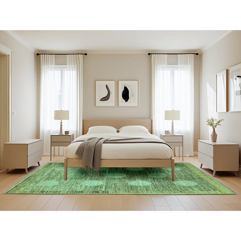 Tapis turquoise / vert / gris en laine et polyester tissés à la machine Devionte, Rectangle 5 pi x 8 pi