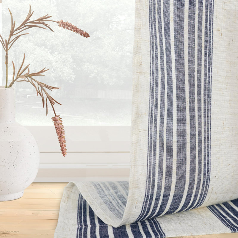 Kitchen Curtains Striped Tier Linen Short Curtains Pinstripe Cafe Curtains, 26" W x 45" L, Chris Dark Blue