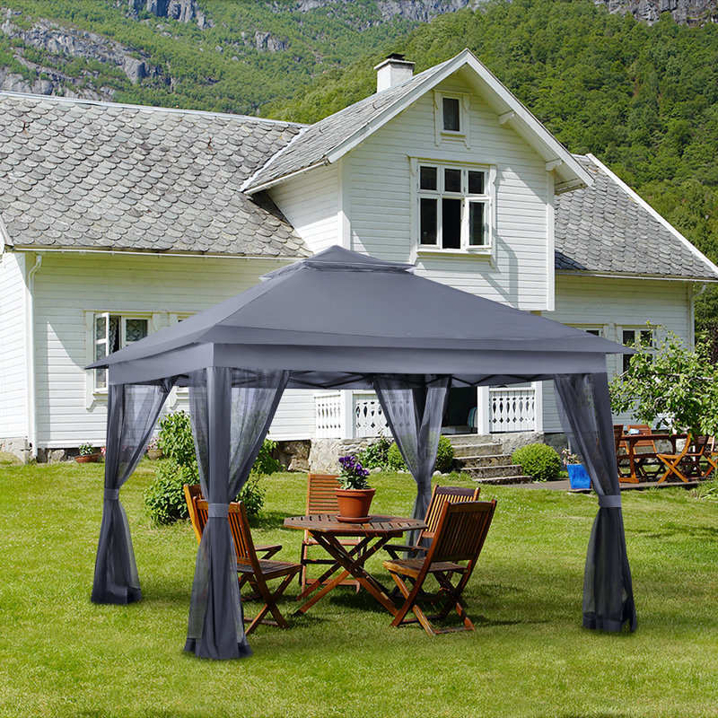 Dark Gray 11x11 Steel Patio Gazebo with Mesh Walls