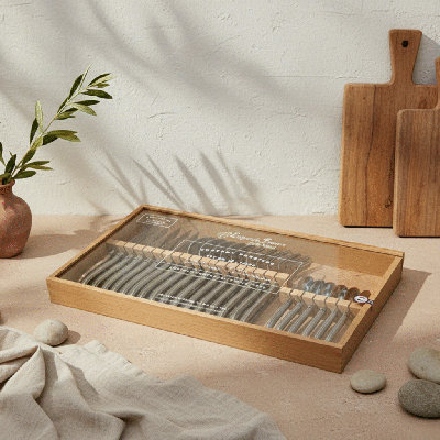  Ensemble de couverts 24 pièces, acier inoxydable Platine dans une boîte en bois avec couvercle en acrylique