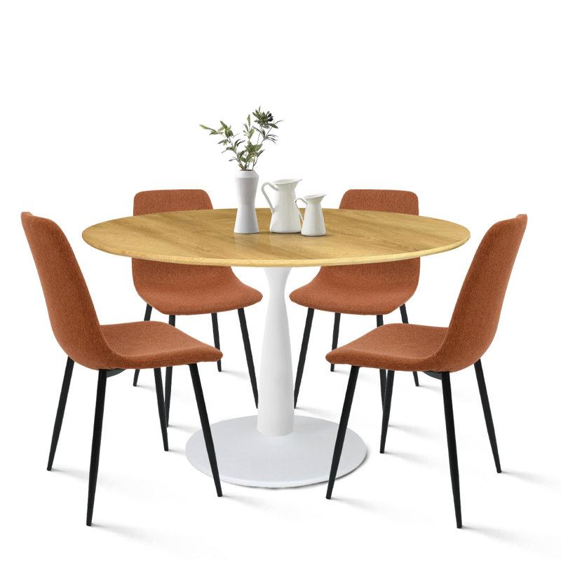 Bassey 4-Person Dining Set with 35" W Round Pedestal Table, Brown, White