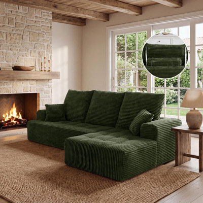Canapé d'angle modulaire compressé en forme de L de 277 cm (109 po) de large avec méridienne, canapé 2 pièces en velours côtelé avec ressorts ensachés et assise profonde pour salon, aucun assemblage requis, vert