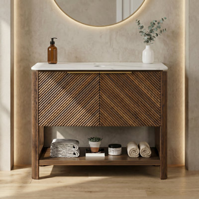 Meuble-lavabo de salle de bain moderne en noyer de 36 po avec portes texturées Linea