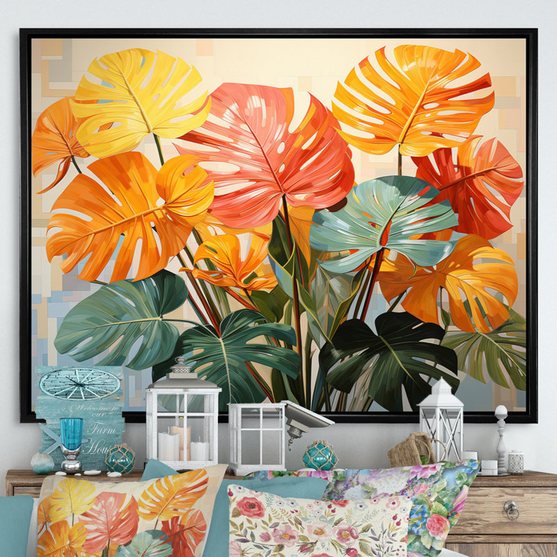 «Orange Green Tropical Plants I» sur toile, H 30 po x l 40 po x P 1,5 po, Cadre flottant noir