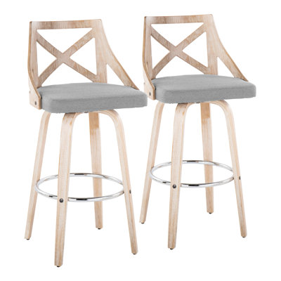 Charlotte 30" Farmhouse Fixed-Height Barstool With Swivel In White Washed Wood And Light Grey Fabric With Round Chrome Metal Footrest By Lumisource - Set Of 2