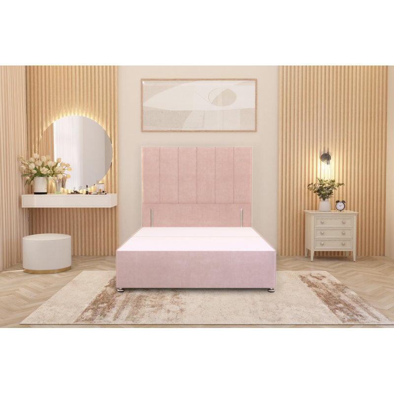 Asterin Divan Bed Base with 54" Floor Standing Headboard Plush Velvet, Double (4'6), Pink, No Drawers